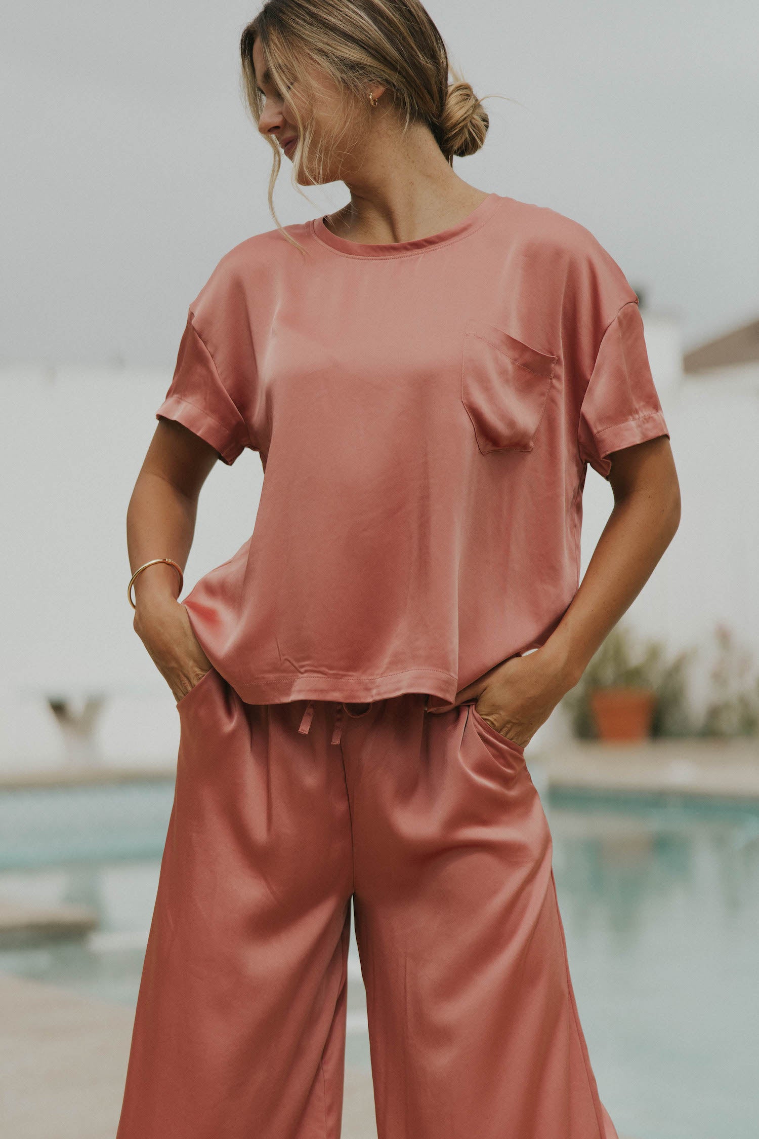 Matching silk sleepwear set for women.