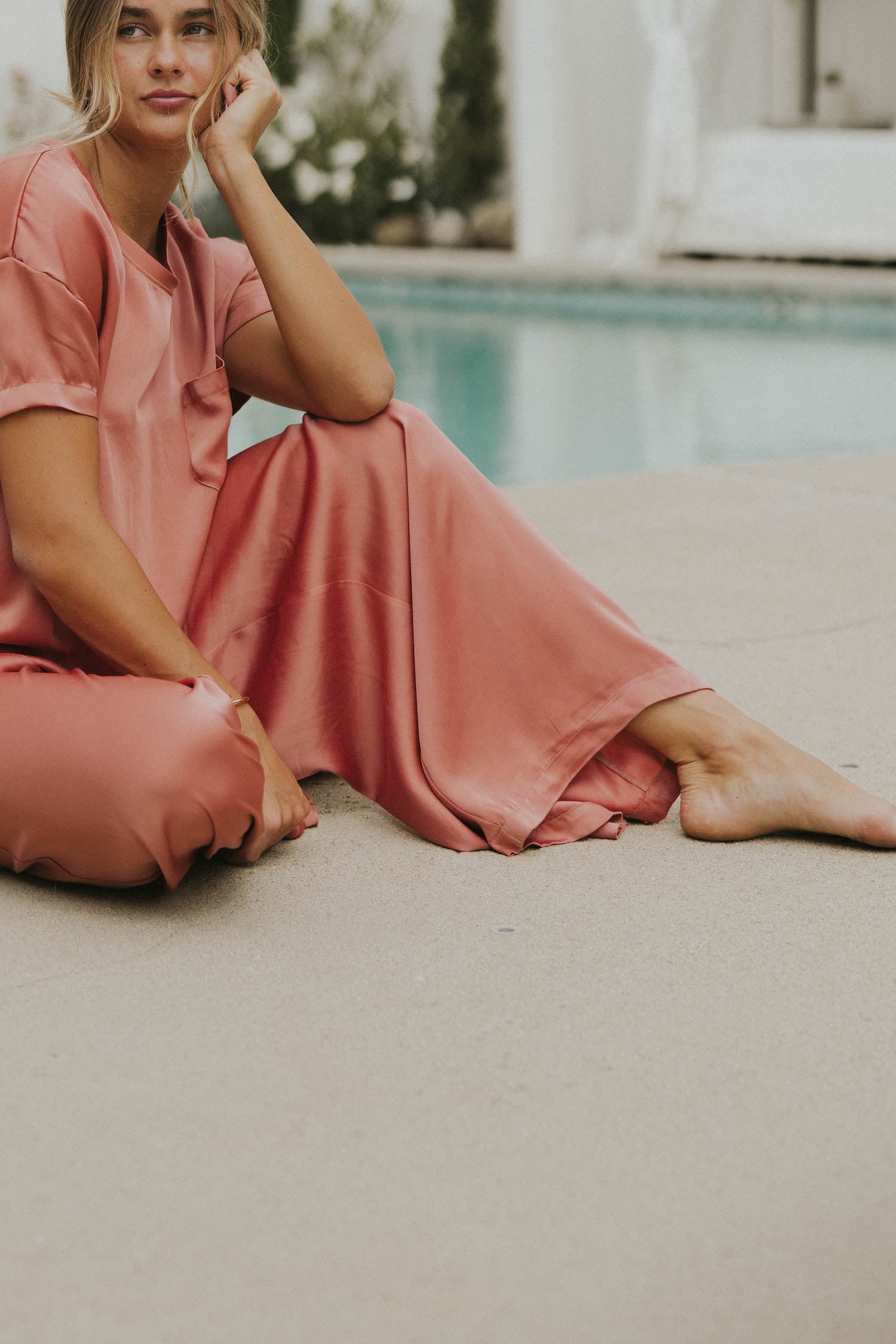 Wide leg silk pants for women.