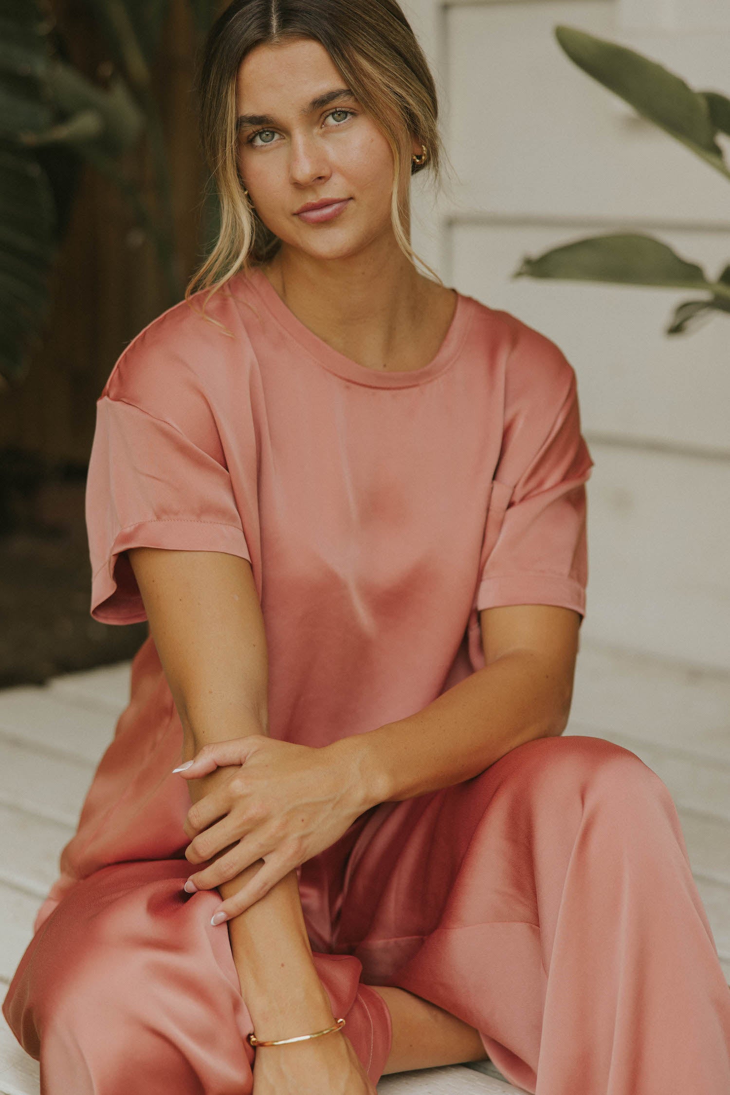 Matching silk sleepwear set for women.