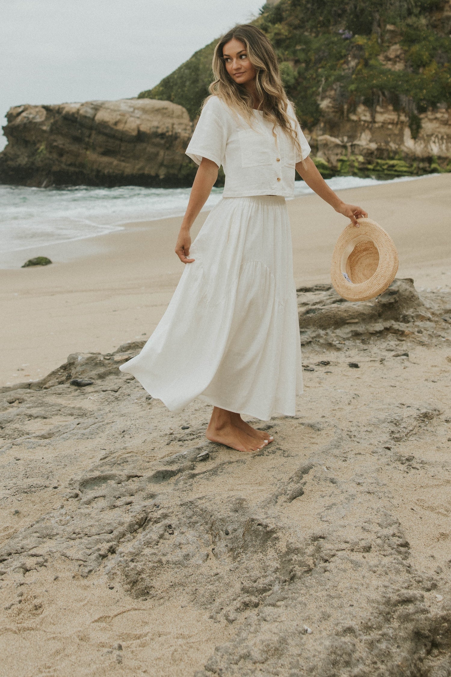 White two piece skirt set and linen two piece set.