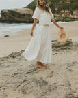 White two piece skirt set and linen two piece set.
