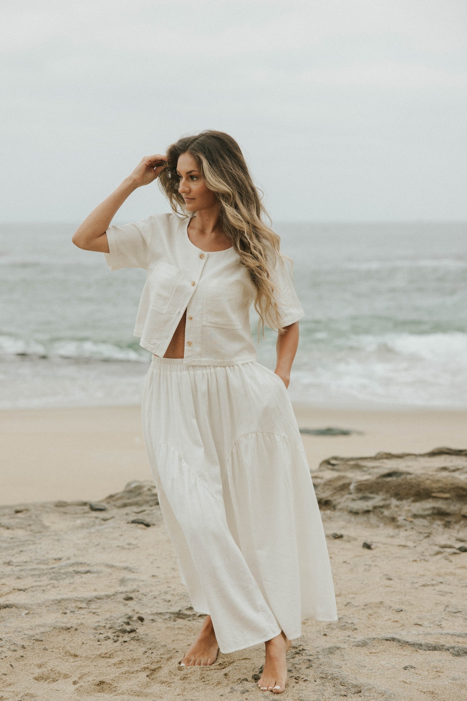 White two piece skirt set and linen two piece set.