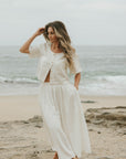White two piece skirt set and linen two piece set.