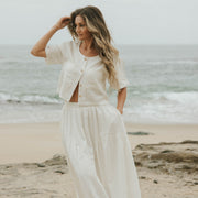 White two piece skirt set and linen two piece set.