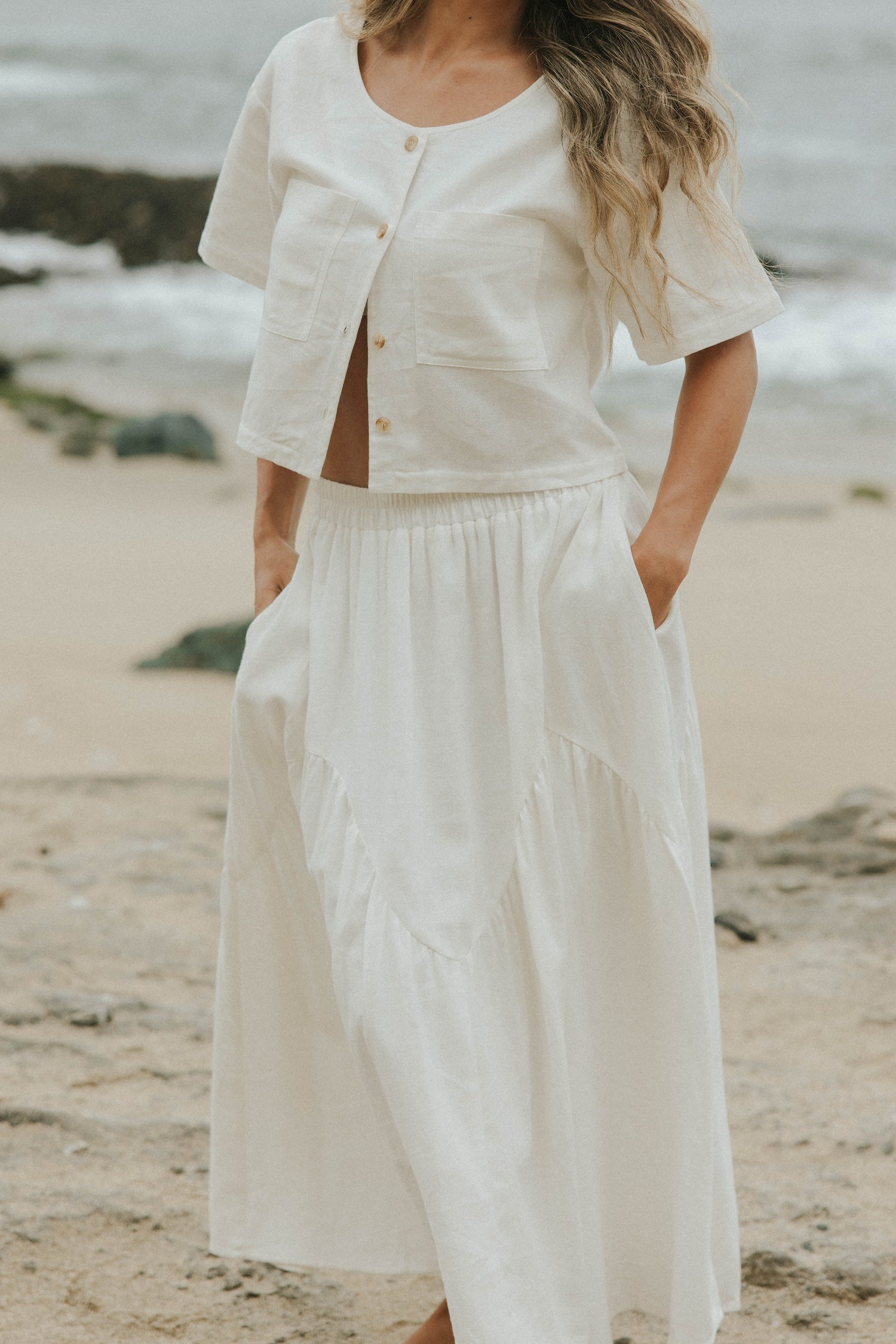 White two piece skirt set and linen two piece set.