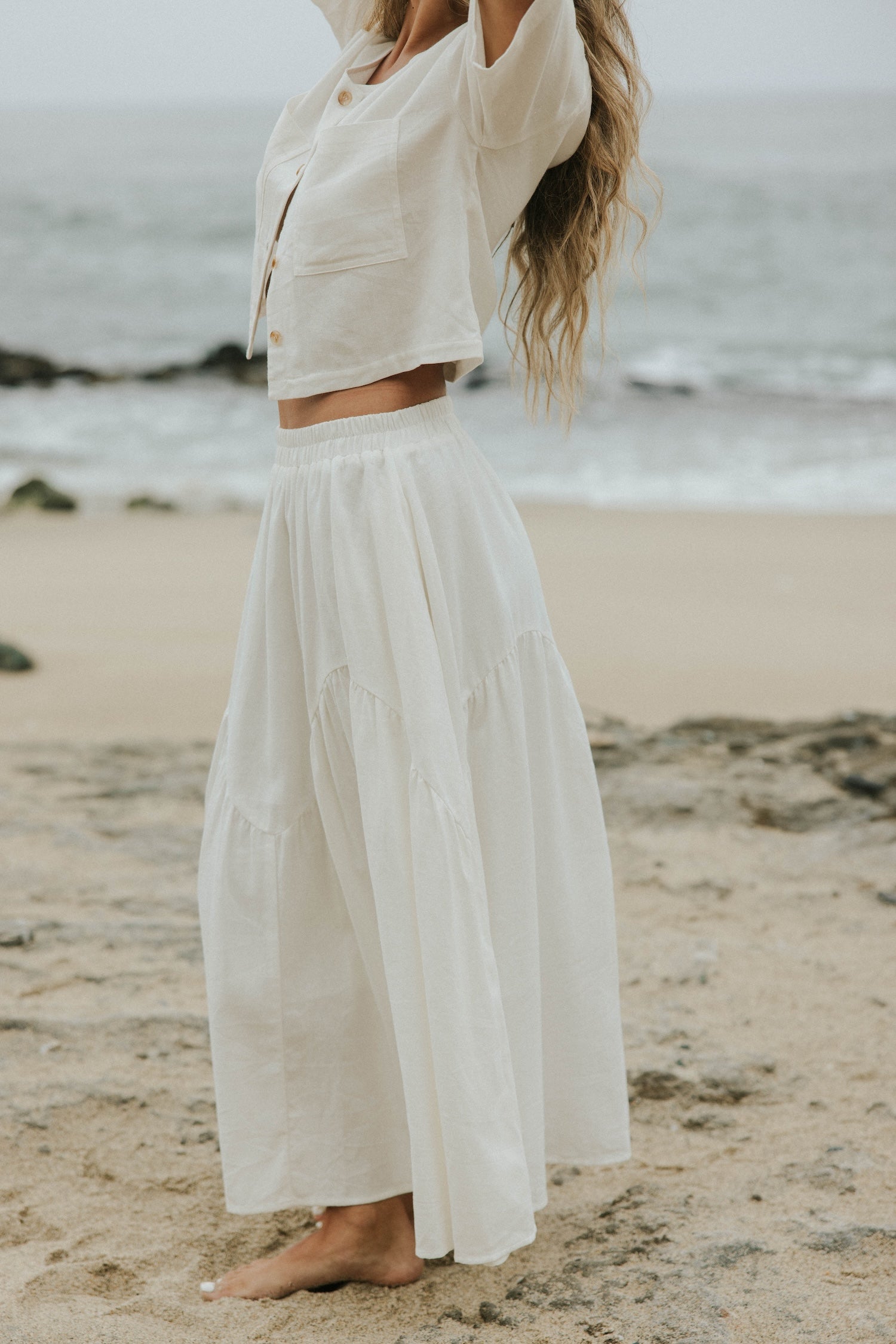 White two piece skirt set and linen two piece set.