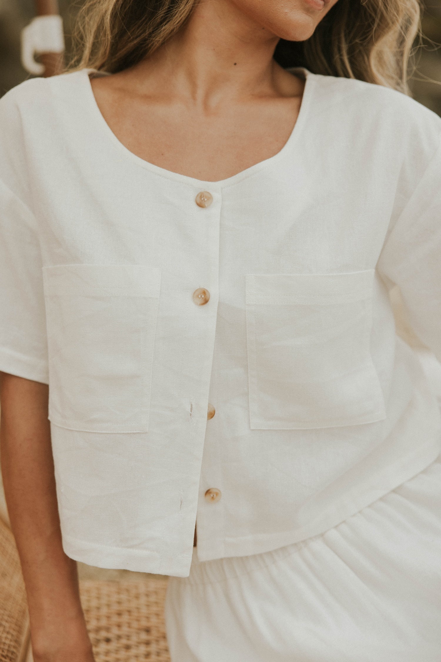 White two piece skirt set and linen two piece set.