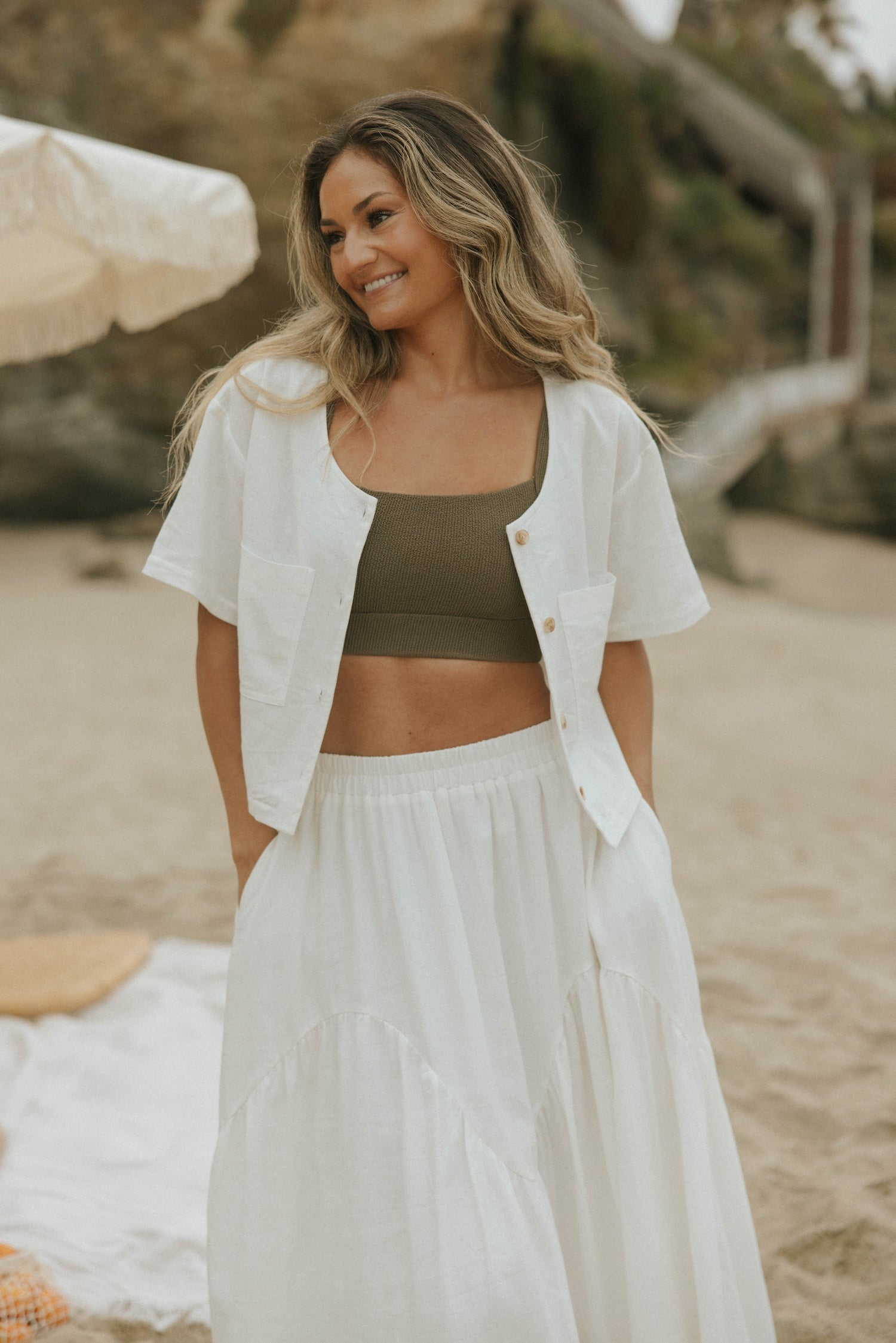 White linen two piece set for women.