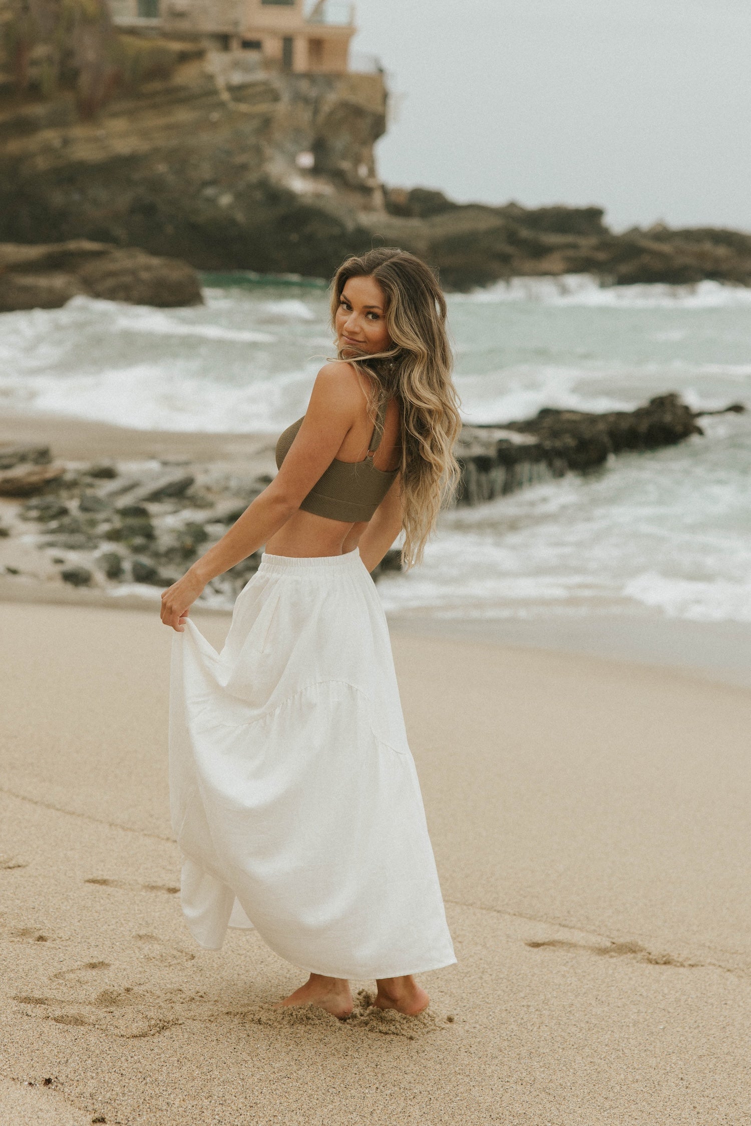 White two piece skirt set and linen two piece set.