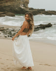 White two piece skirt set and linen two piece set.