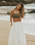 White two piece skirt set and linen two piece set.