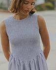 Mara Dress in Periwinkle | Lavender Ruched Full Length Dress