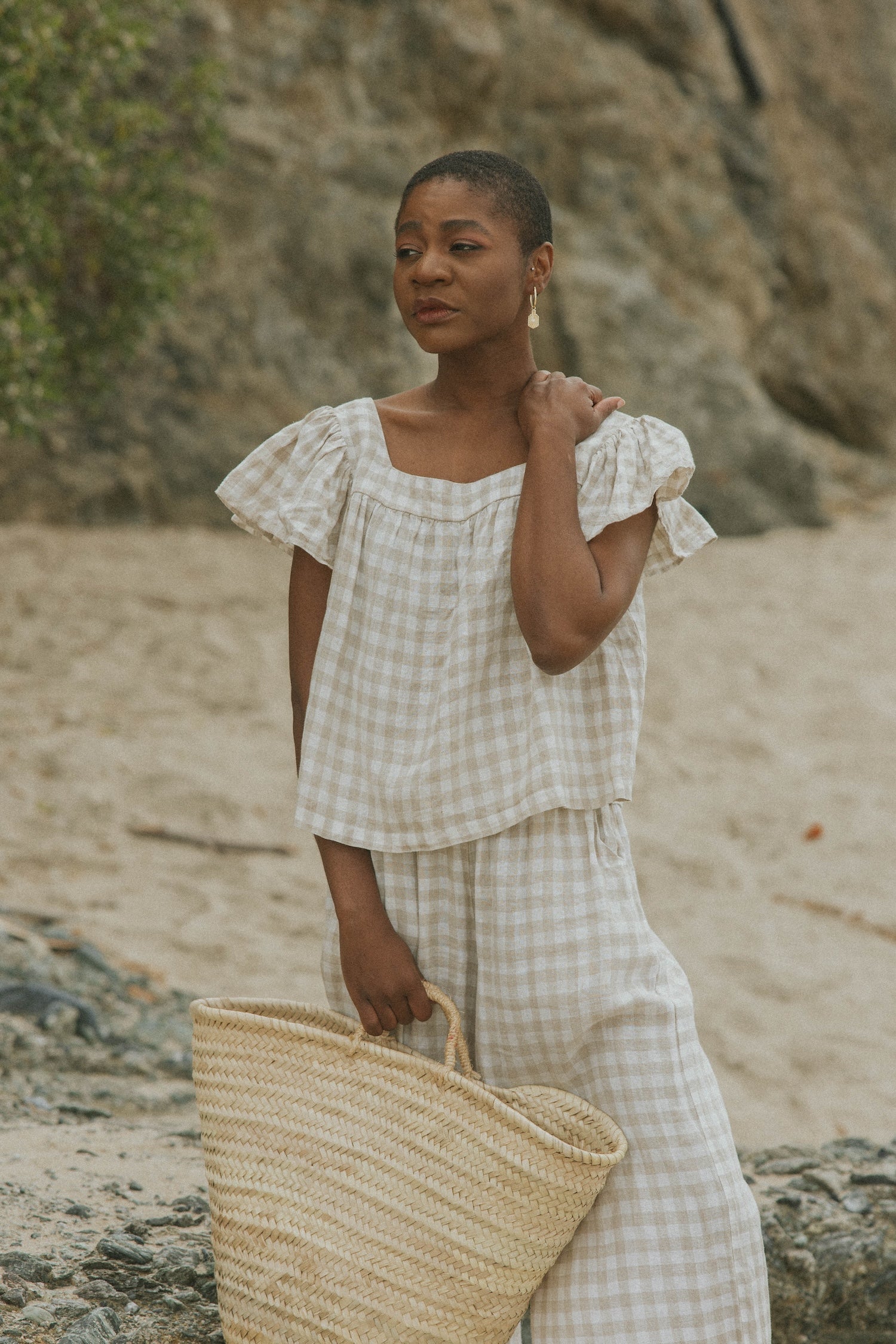 Lounge linen top and gingham top for women.