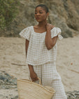Lounge linen top and gingham top for women.