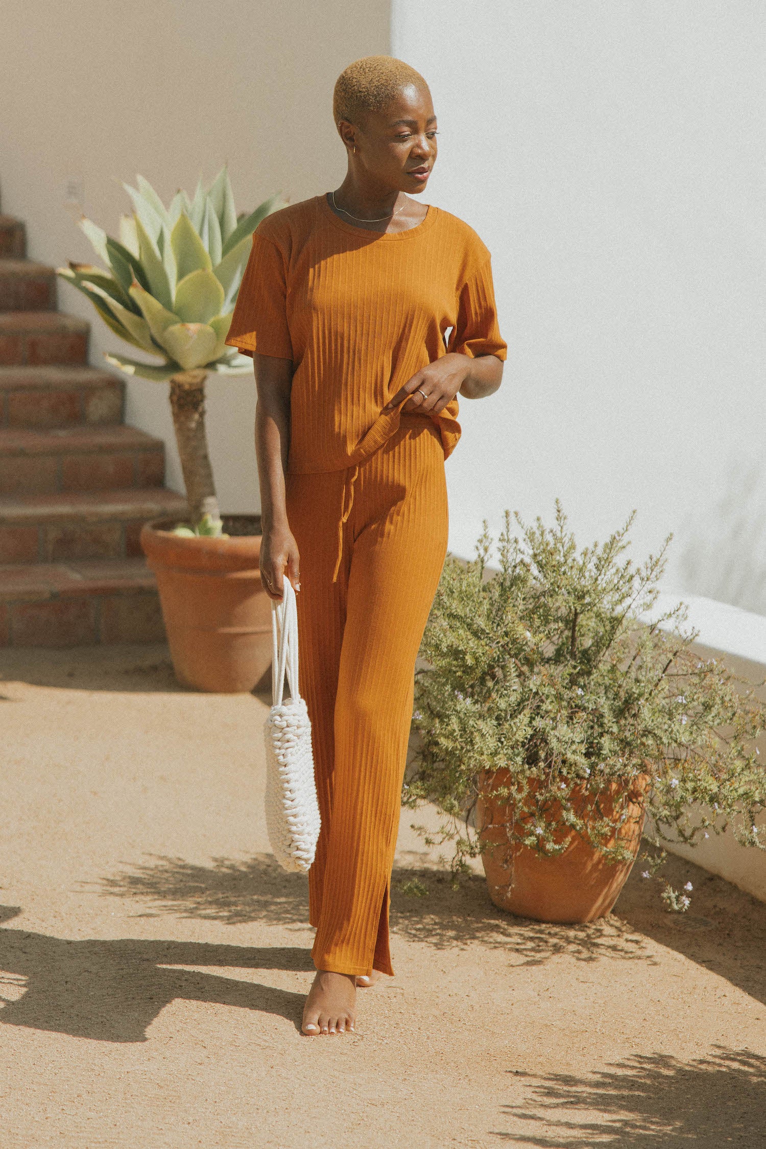 Orange casual matching loungewear set for women.