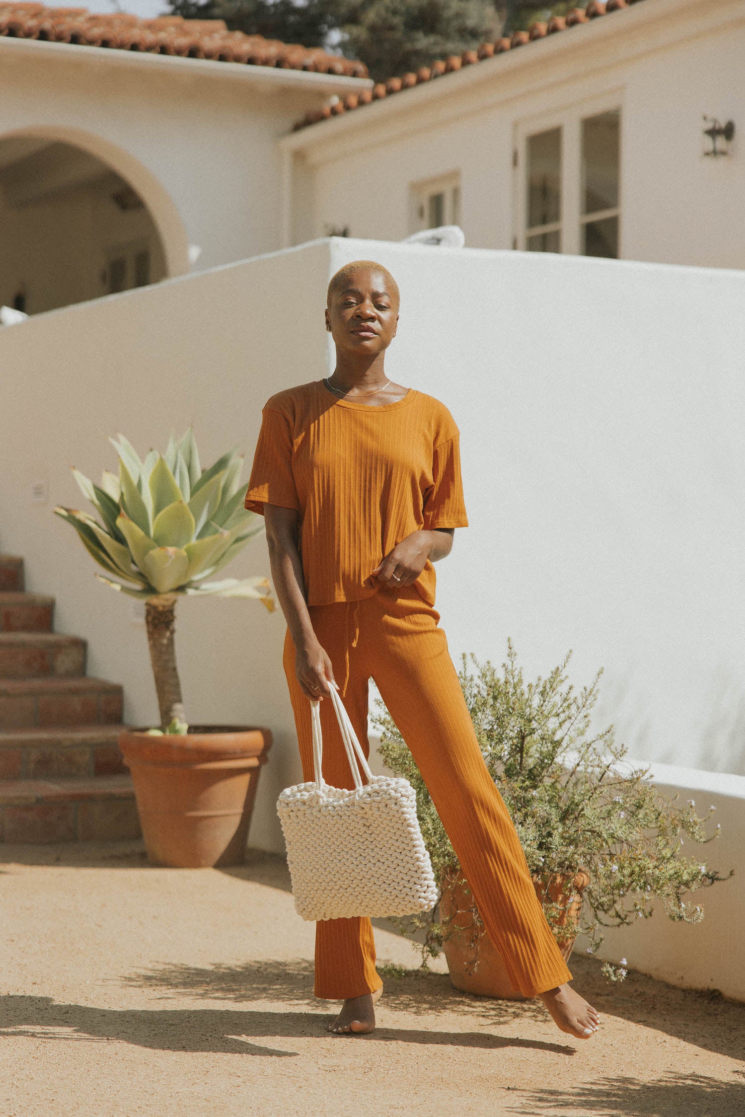 Orange casual matching loungewear set for women.