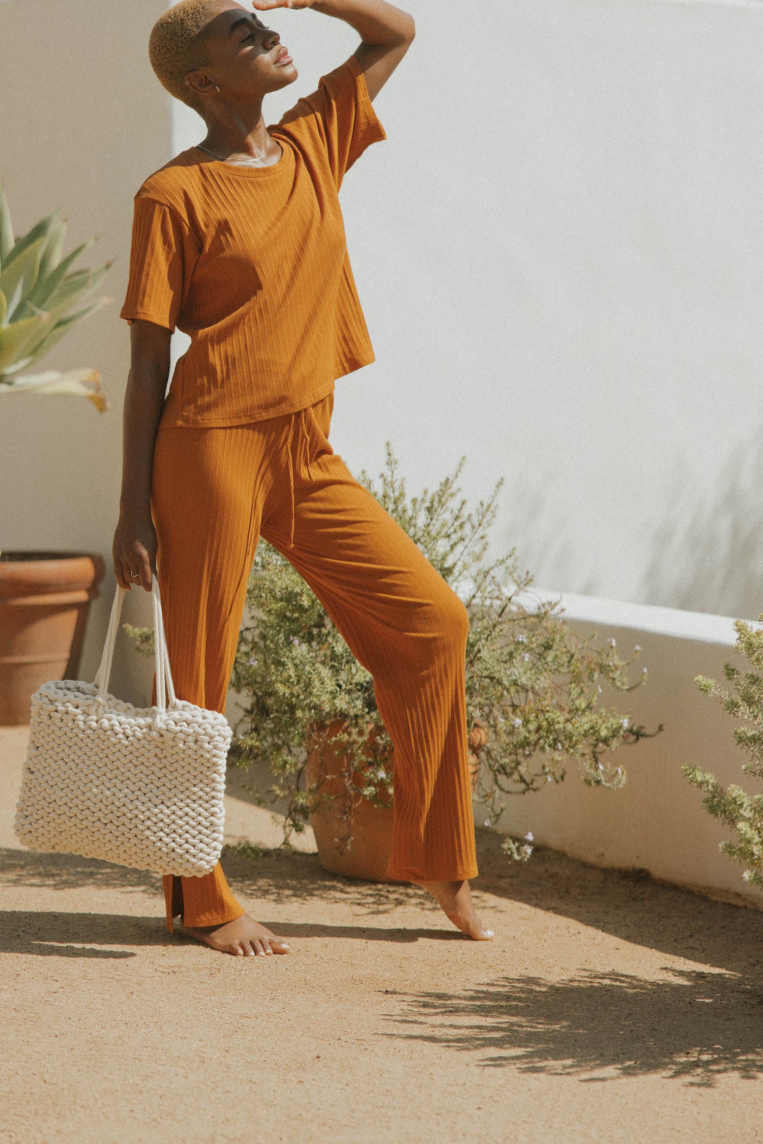 Orange casual matching loungewear set for women.