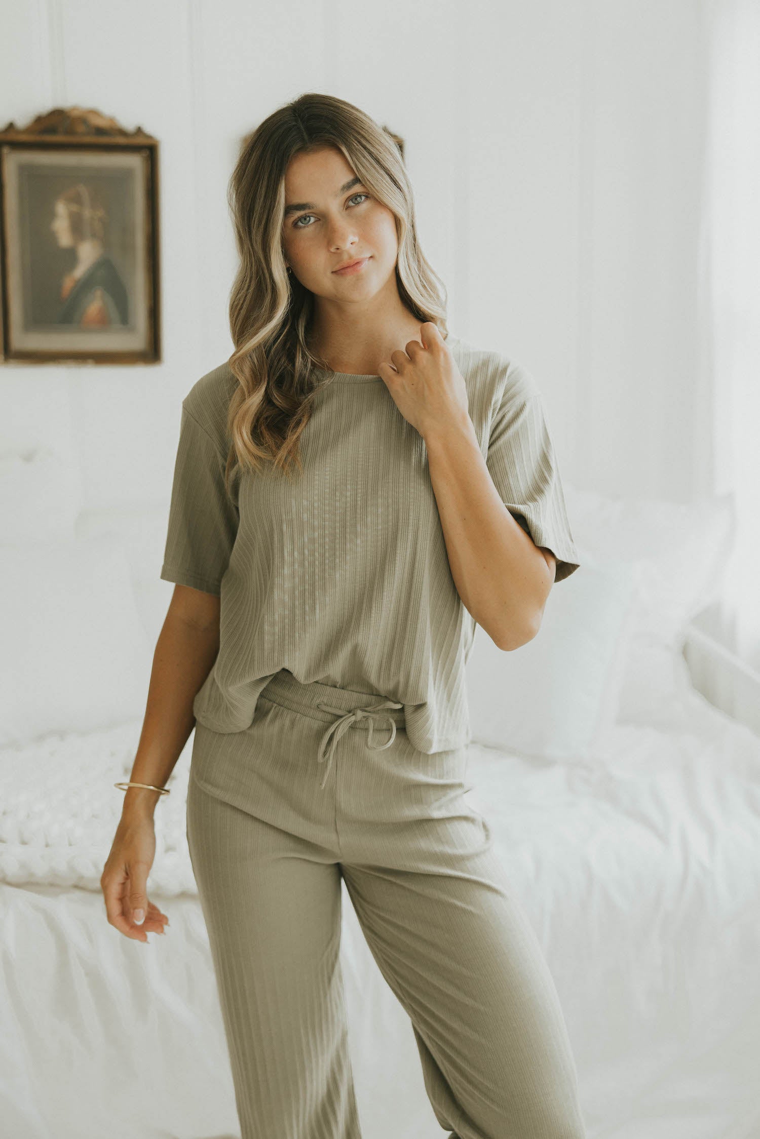 Ribbed top sage green lounge top for women.