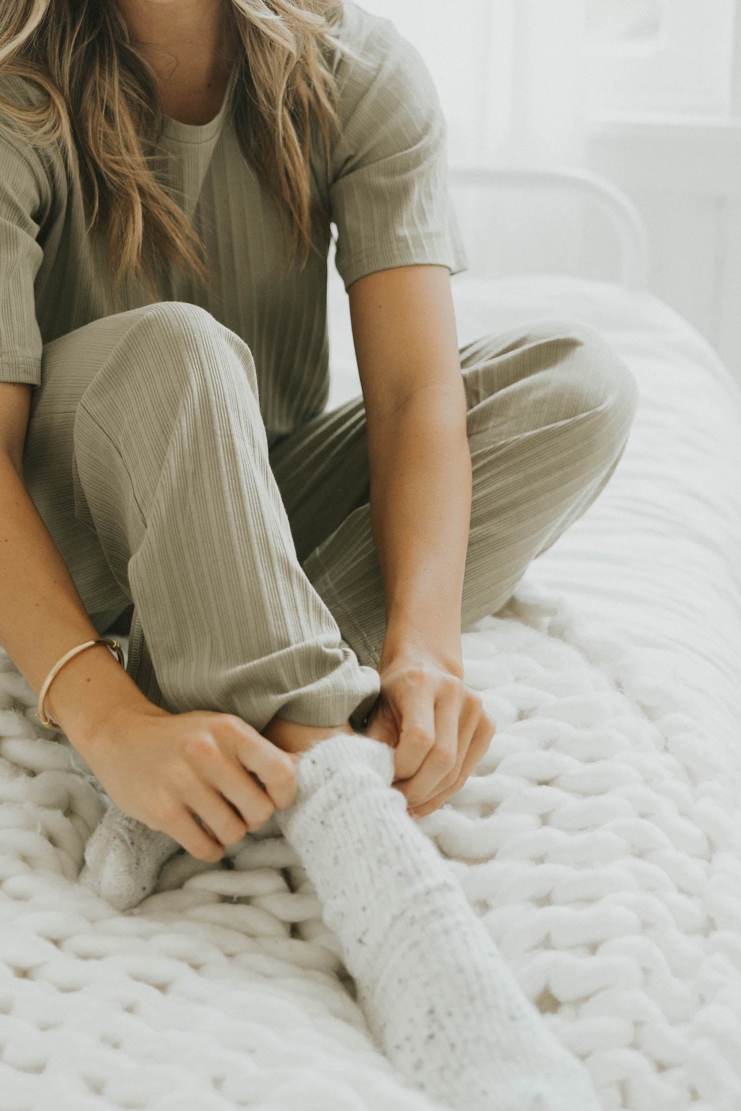 Speckled neutral wool socks with matching sets for women.