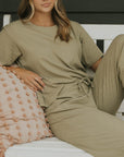 Green casual matching loungewear set for women.