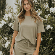 Green casual matching loungewear set for women.