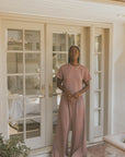 Wide leg sweat pants with drawstring waistband for women.