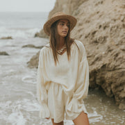 Muslin, cream matching beachwear set for women.