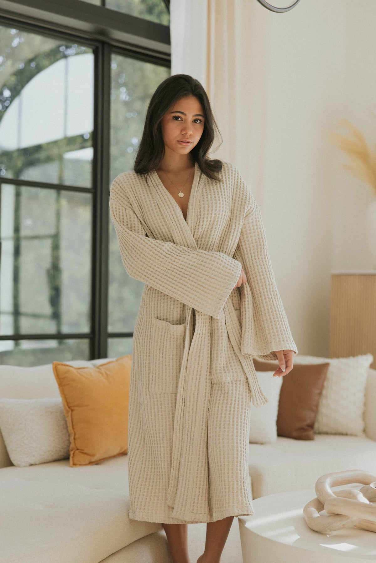 Cream waffle knit robe