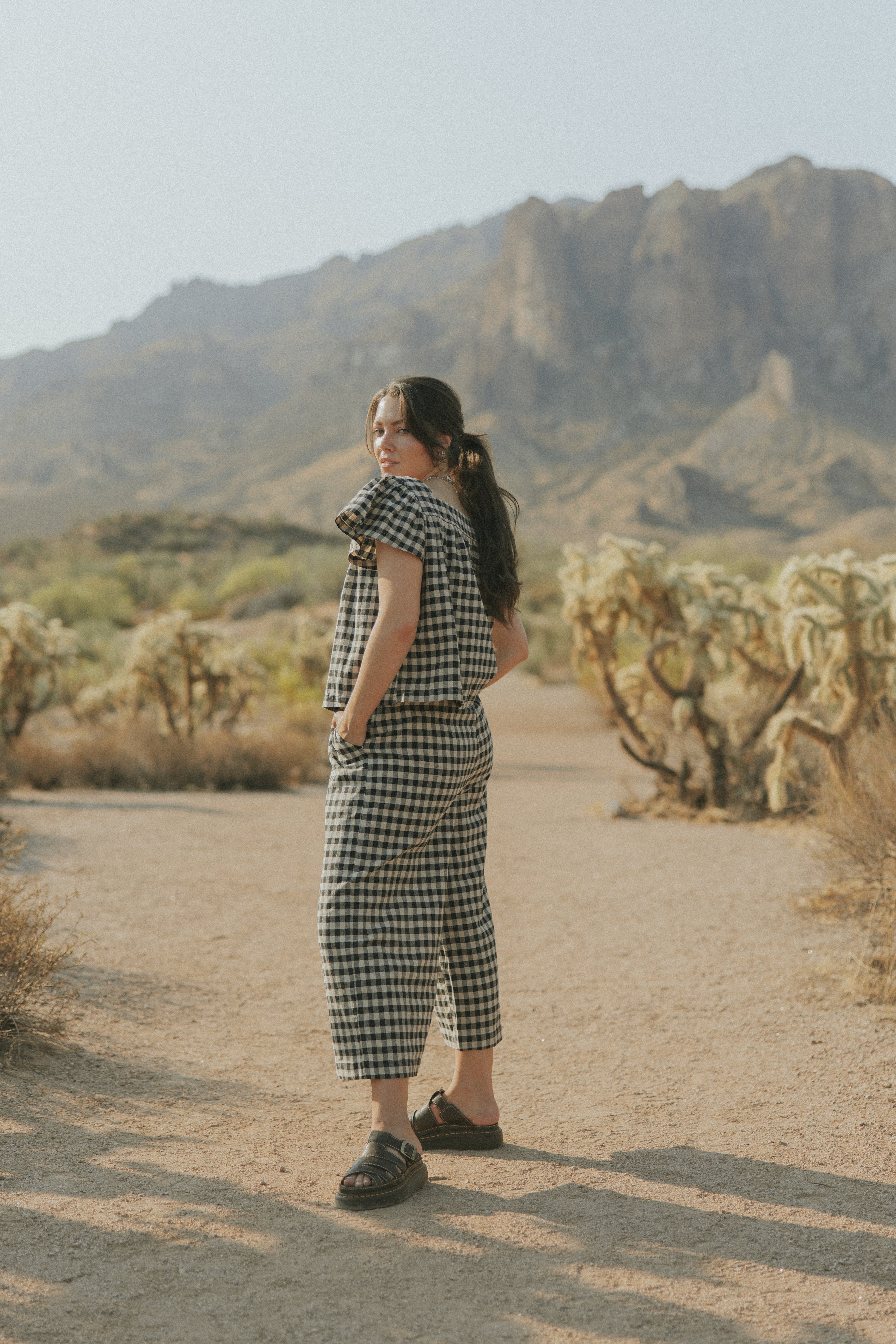 Black and tan gingham matching set for women.