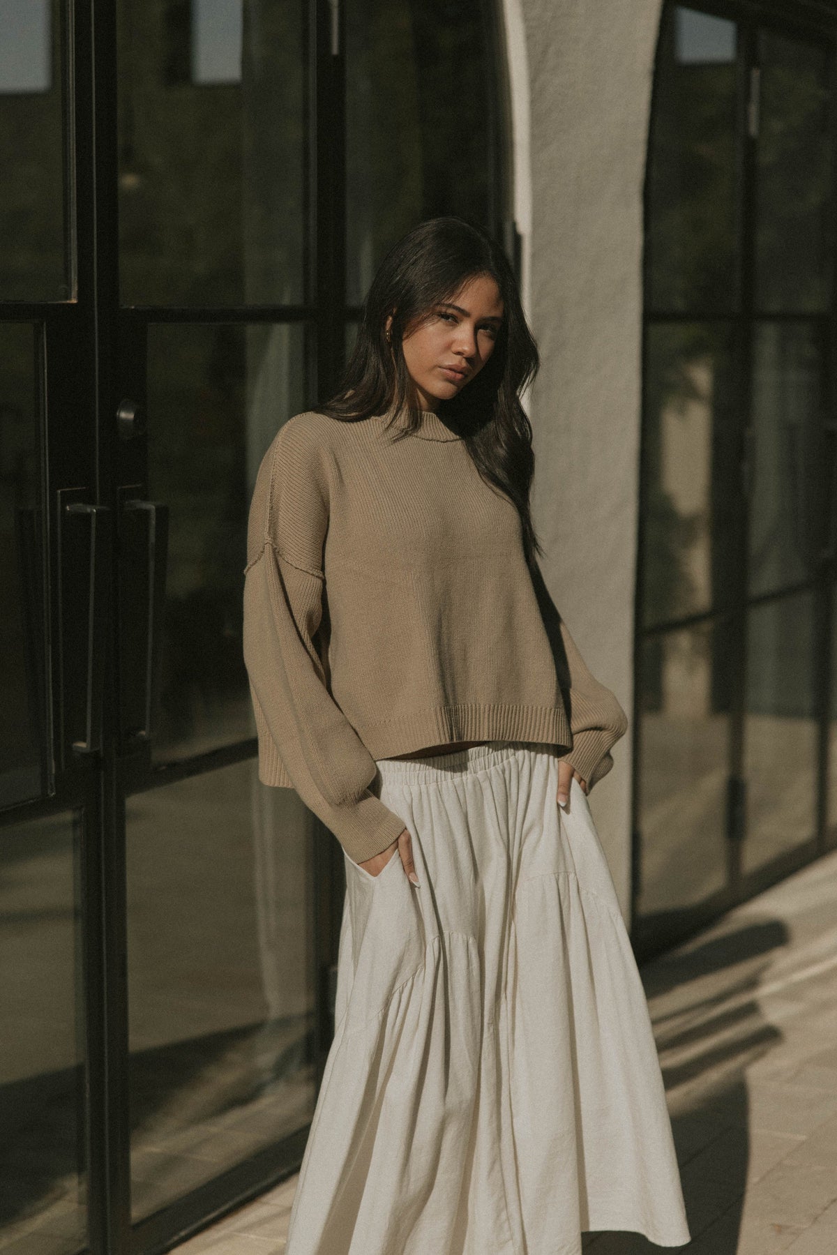 Mock neck pullover knit sweater brown tunic top for women.