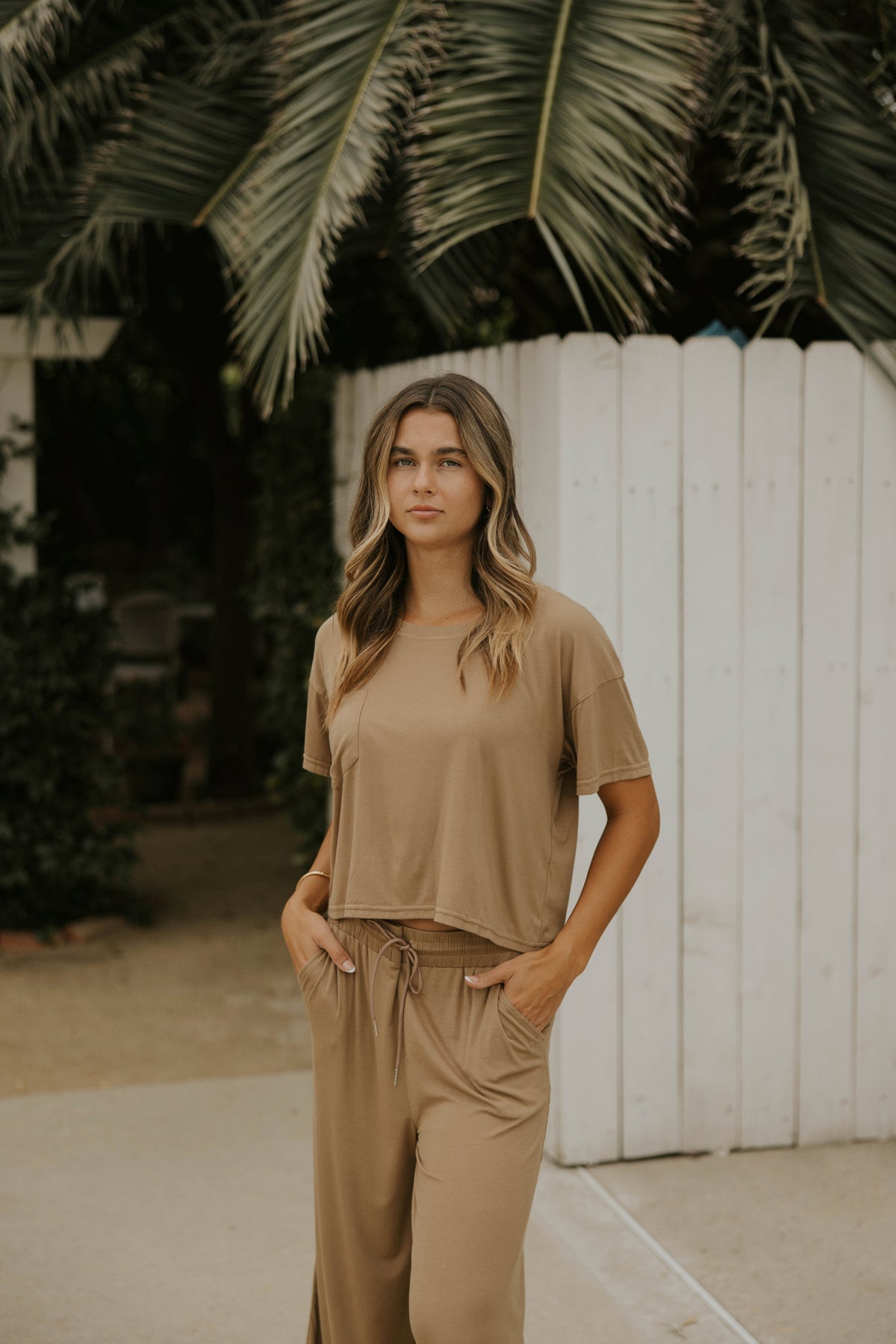 Brown bamboo matching loungewear and pajama set for women.