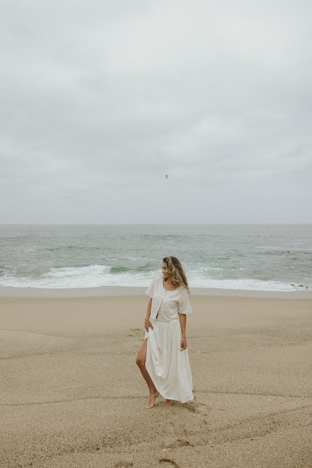 White two piece skirt set and linen two piece set. 