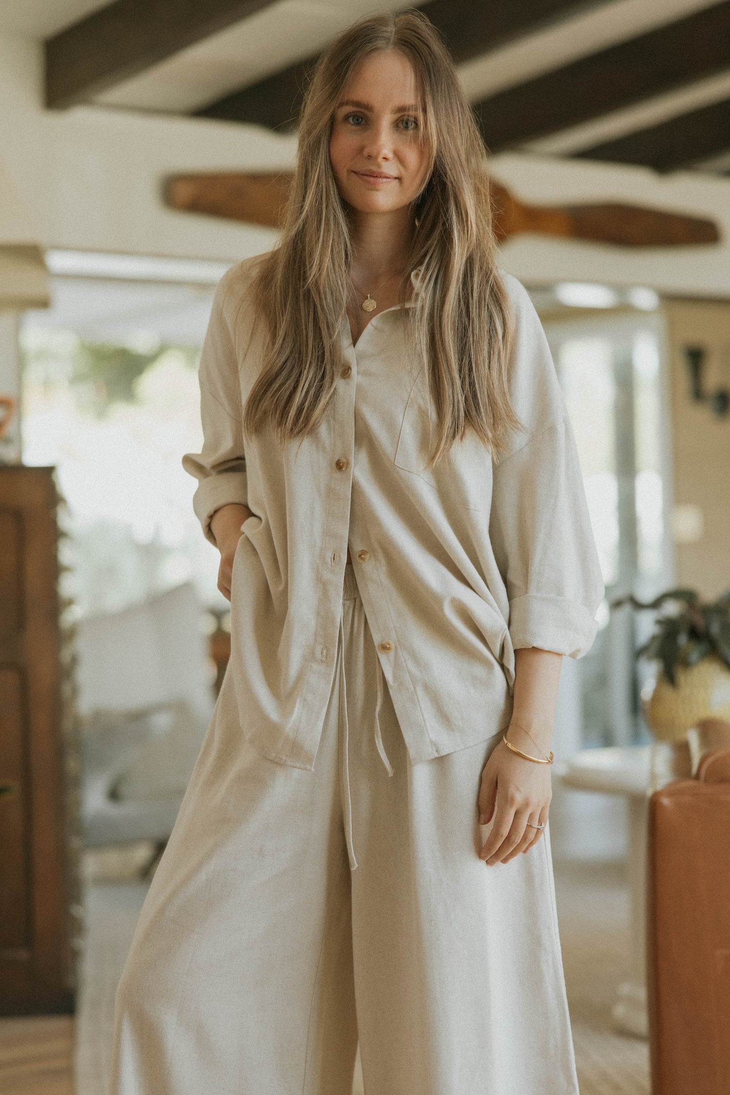 Long sleeve linen lounge top for women. 