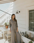 Lightweight women's lounge pants for travel in gray.