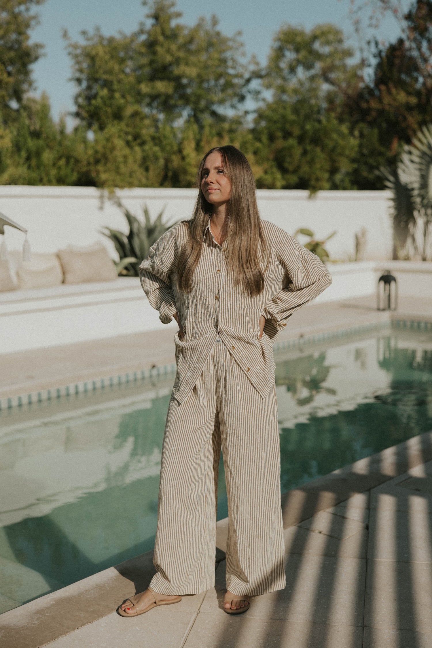 Neutral striped lounge pants for women.