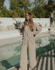 Neutral striped lounge pants for women.