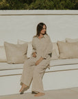 Neutral striped lounge pants for women.