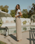 Neutral striped lounge pants for women.