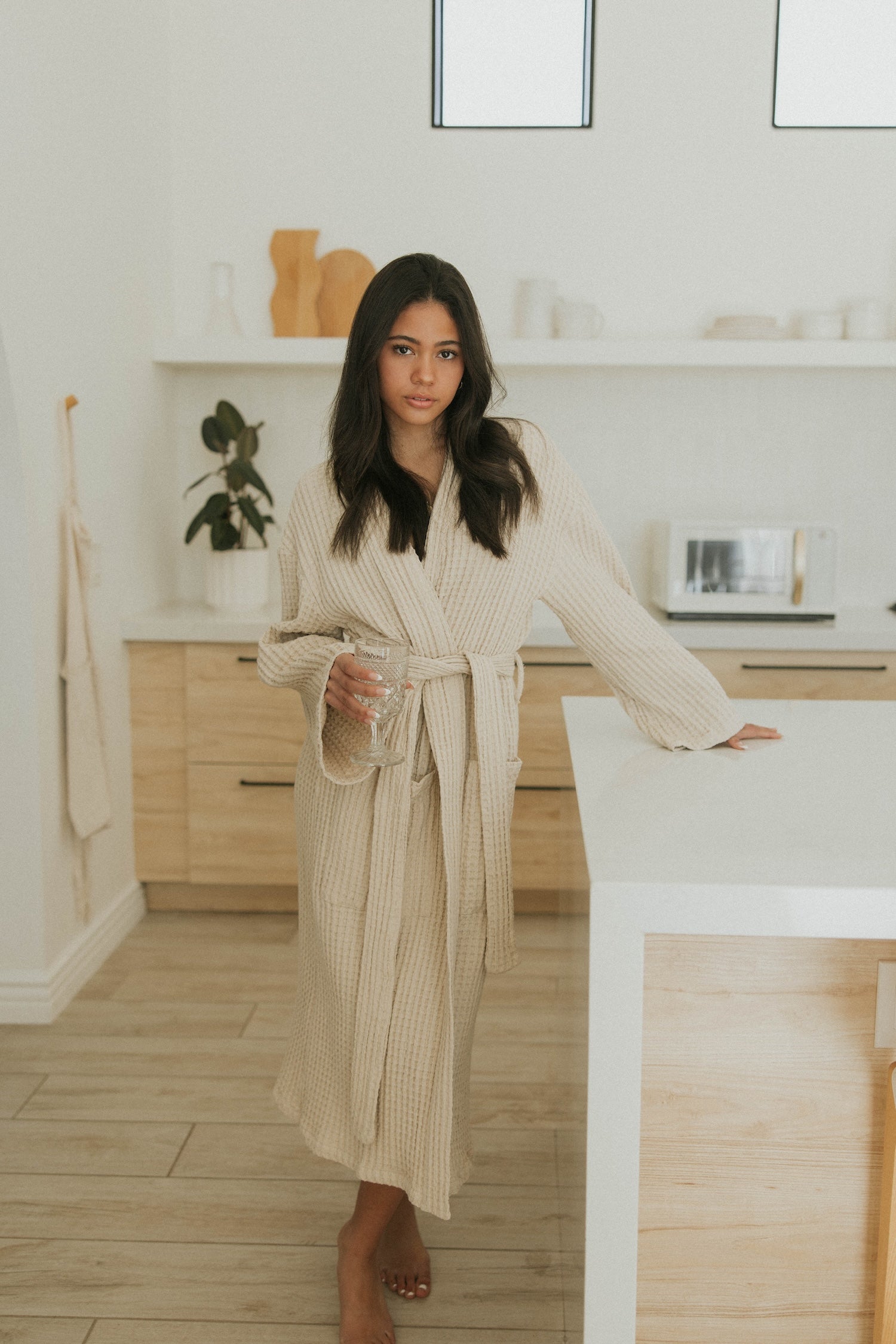 100% cotton waffle knit robe in cream.