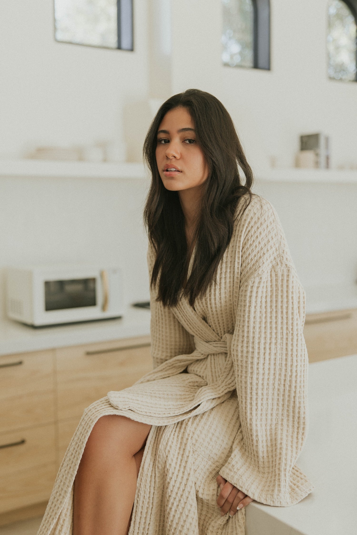 Cotton waffle knit robe in cream.