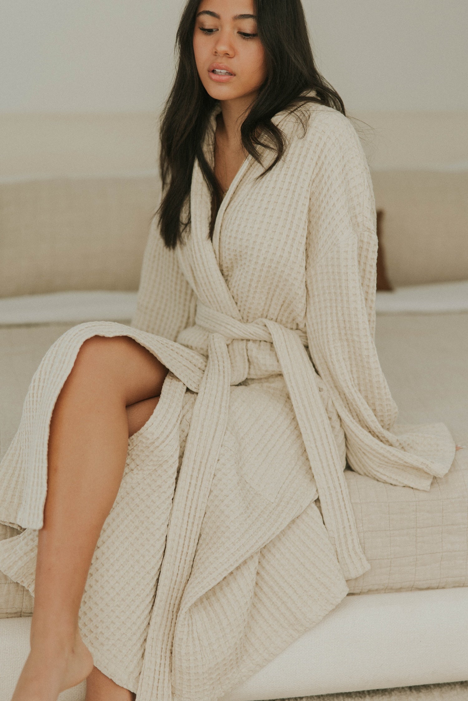 Cotton waffle knit robe in cream.