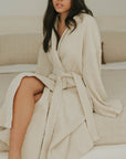 Cotton waffle knit robe in cream.