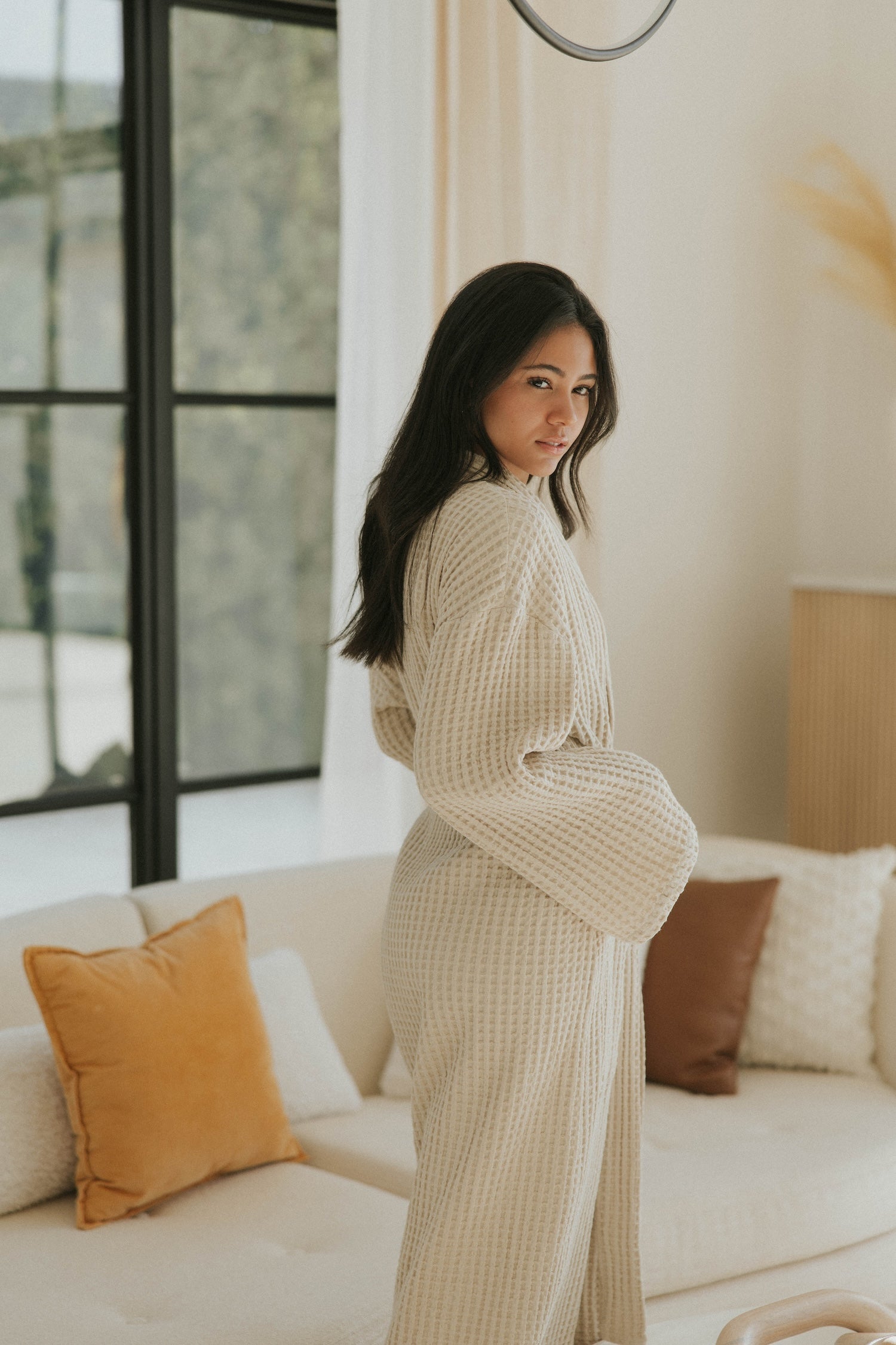 Neutral waffle knit robe in cream.