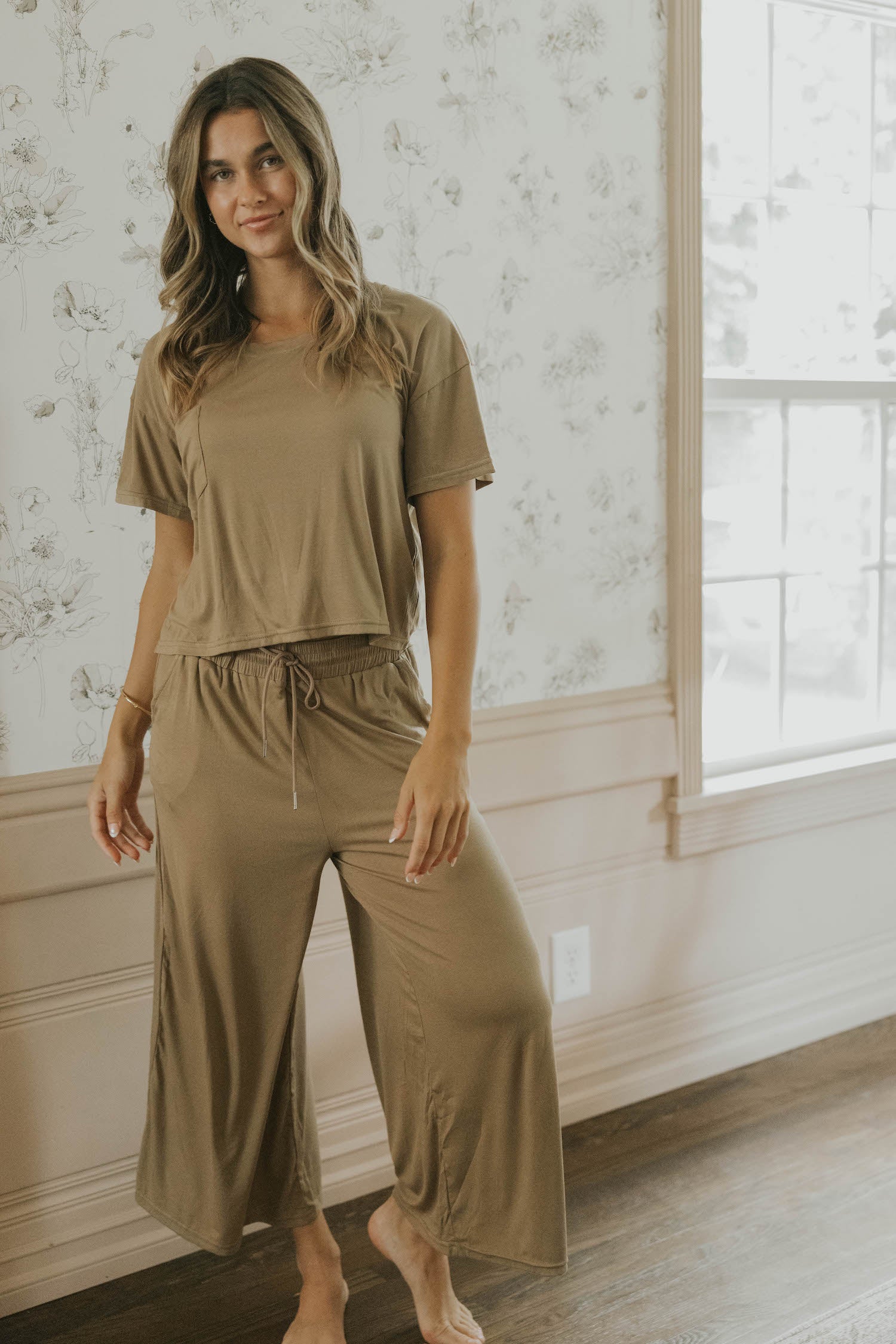 Stretchy and adjustable brown pajama pant for women.