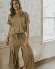 Stretchy and adjustable brown pajama pant for women.