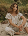 Matching loungewear set for women in a neutral checkered print.