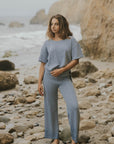 Cable-knit lounge pants for women in blue. 
