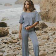 Cable-knit lounge pants for women in blue. 