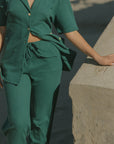 Women's waffle knit lounge pants in jade green. 