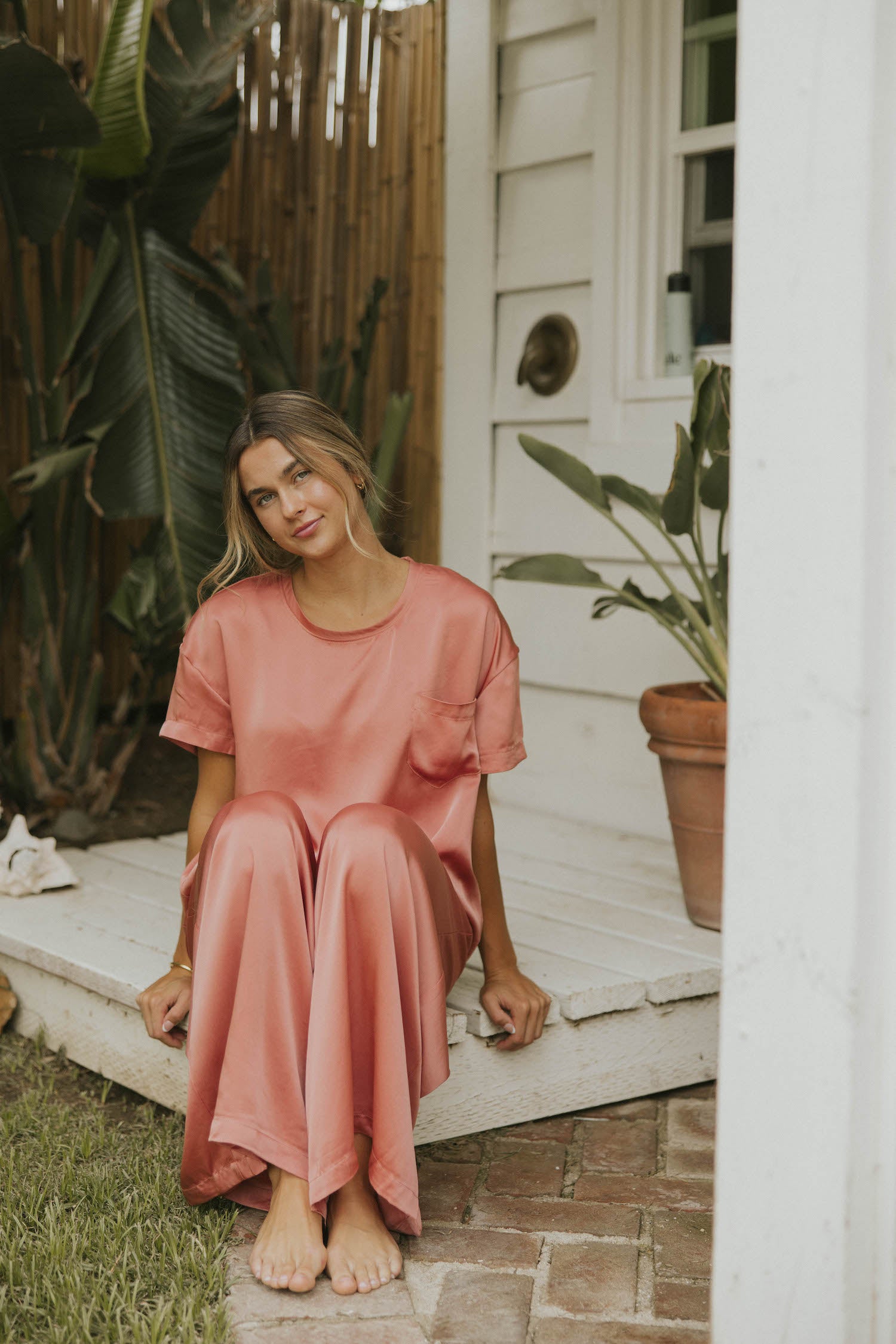 Silky pink pajama top for women.